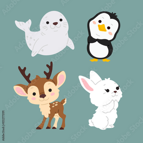 Vector illustration set of cute doodle arctic animals for digital stamp,greeting card,sticker,icon,design