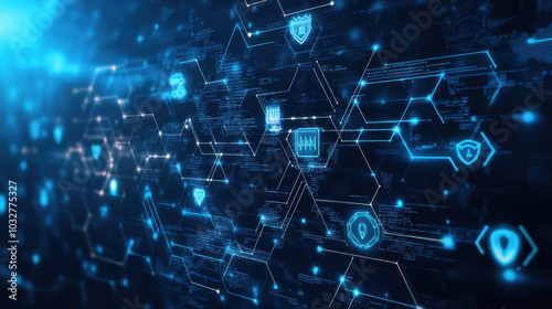 A vibrant digital landscape unfolds, showcasing interconnected hexagons illuminated in blue