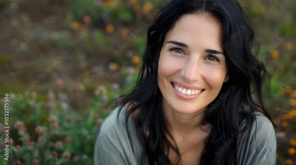 Joyful woman with black hair smiling into a camera Joyful woman with black hair smiling into a camera