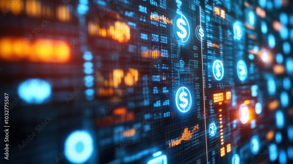 A digital display featuring currency symbols and data, representing financial technology and trends. A digital display featuring currency symbols and data, representing financial technology and trends.