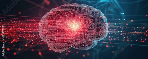 Digital AI circuits flowing into a human brain, representing intelligence