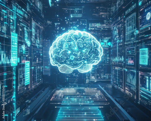 Digital AI brain surrounded by holographic screens and data points