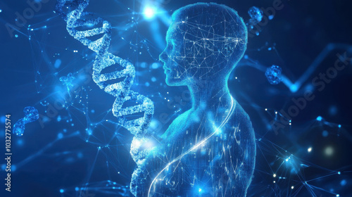 Discovering DNA's intricate beauty in vibrant blue light within a digital landscape