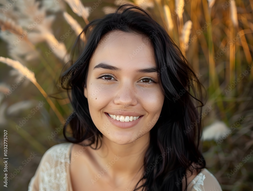 Joyful woman with black hair smiling into a camera Joyful woman with black hair smiling into a camera