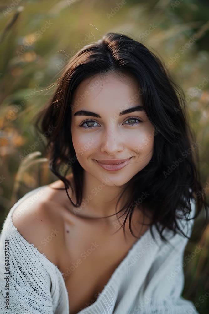 Joyful woman with black hair smiling into a camera Joyful woman with black hair smiling into a camera