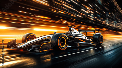 Futuristic  Formula One car driving fast in the city, with motion blur and speed lines.  photo