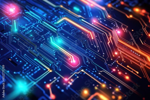 Digital circuit background with intricate designs and bright neon highlights