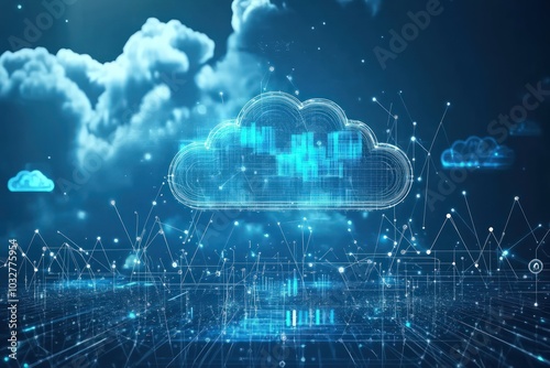 Digital cloud technology background with floating lines and data points