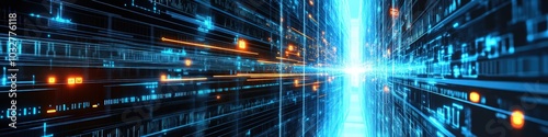 Digital IT architecture with glowing data transfer and secure encryption