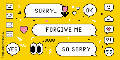 Sorry. Set of speech bubble with text in pixel art. Apologize messages, chats. Y2k sticker collection. Forgive me. Game abstract vector elements. Modern shape for collage, poster. Retro trendy style