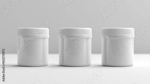 Three blank white plastic jars on a white background.