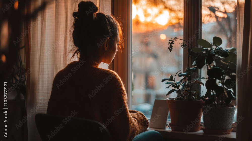 A person sitting quietly by the window, enjoying a beautiful sunset while surrounded by indoor plants in a cozy setting A person sitting quietly by the window, enjoying a beautiful sunset while surrounded by indoor plants in a cozy setting