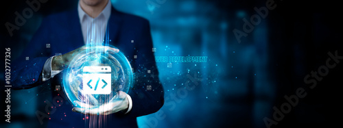 Web Development: Businessman holding innovation technology to develop smart solutions from digital interfaces, user experience, responsive design.