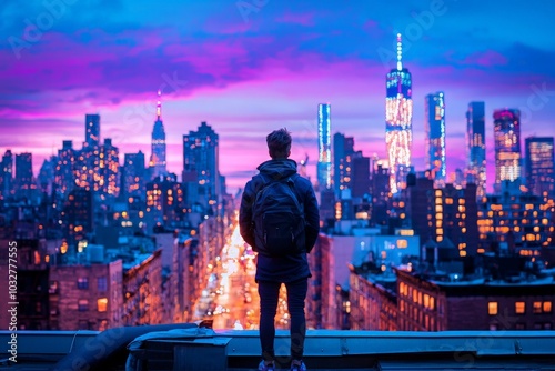 Traveler Watching City Skyline at Dusk photo