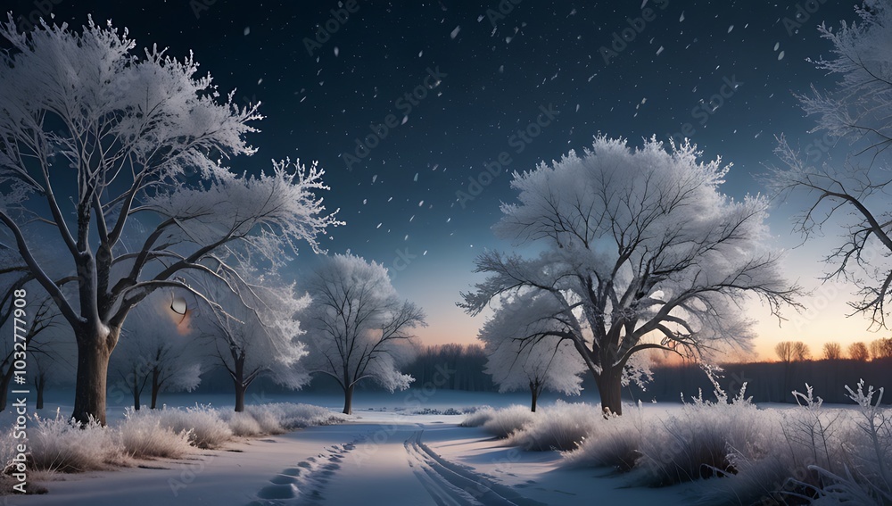 trees stand frosty late winter landscape snowy evening sky soft falling flakes around trees stand frosty late winter landscape snowy evening sky soft falling flakes around
