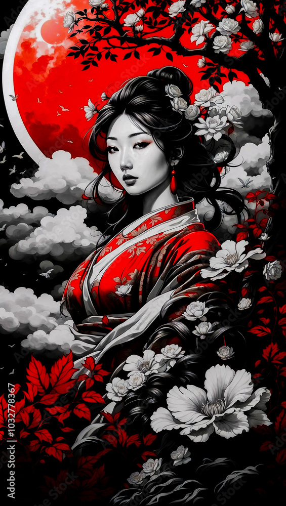 Japanese Art With A Red Moon Japanese Art With A Red Moon