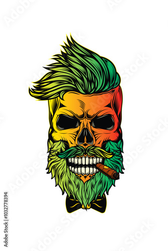 Hipster skull with beard and mustache with cigar in mouth.. Original vector illustration in vintage style. T-shirt design.