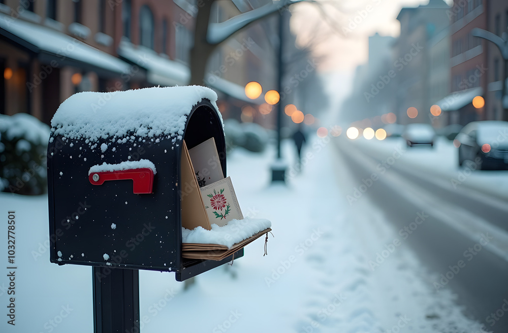 A mailbox, dusted with snow, overflows with festive Christmas cards and letters. The serene winter street in the background adds to the calm, holiday atmosphere, evoking feelings of warmth and A mailbox, dusted with snow, overflows with festive Christmas cards and letters. The serene winter street in the background adds to the calm, holiday atmosphere, evoking feelings of warmth and