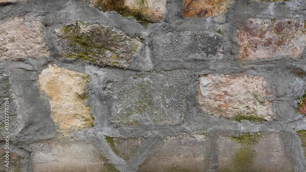 Textured Stone Wall With Moss and Varied Colors in a Rustic Setting Textured Stone Wall With Moss and Varied Colors in a Rustic Setting