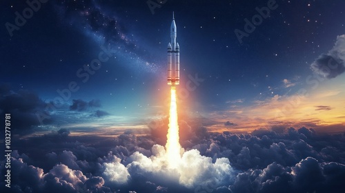 A rocket launches into space, emitting bright flames against a starry sky.