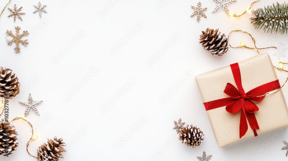 Top view of a neatly wrapped gift with red ribbon surrounded by pine cones and snowflakes on a white background. Top view of a neatly wrapped gift with red ribbon surrounded by pine cones and snowflakes on a white background.