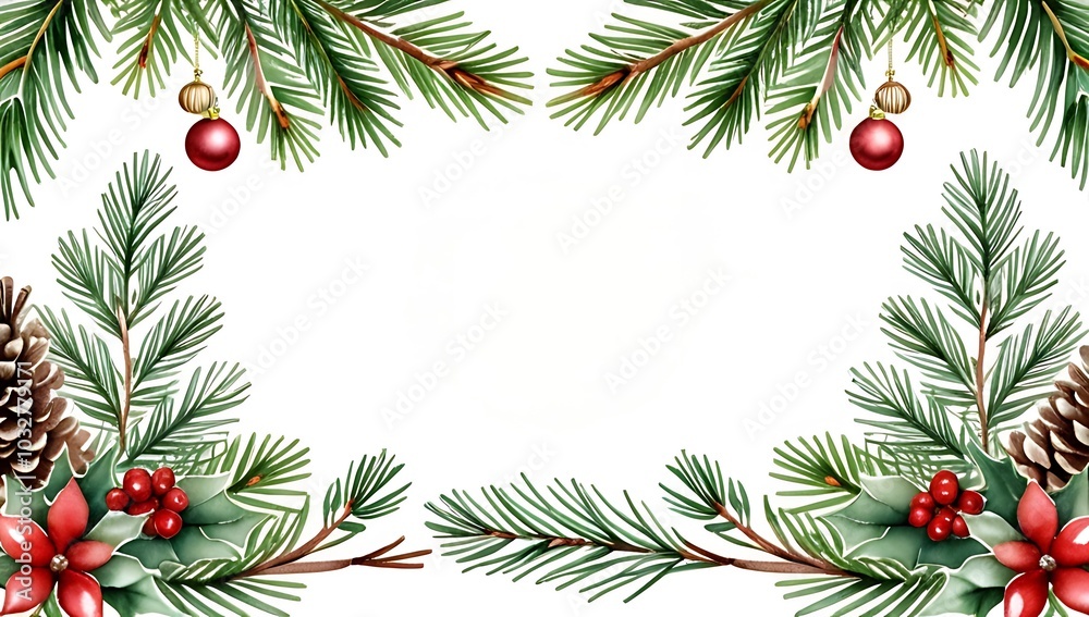 watercolor christmas design features fir spruce branches white background rectangular frames botanical borders