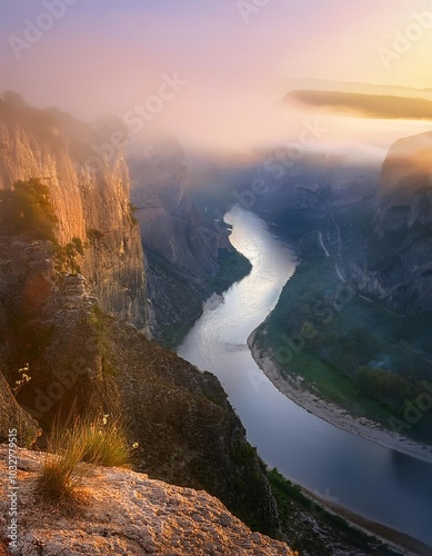 Canyon shrouded in thick fog at sunset with river flowing below