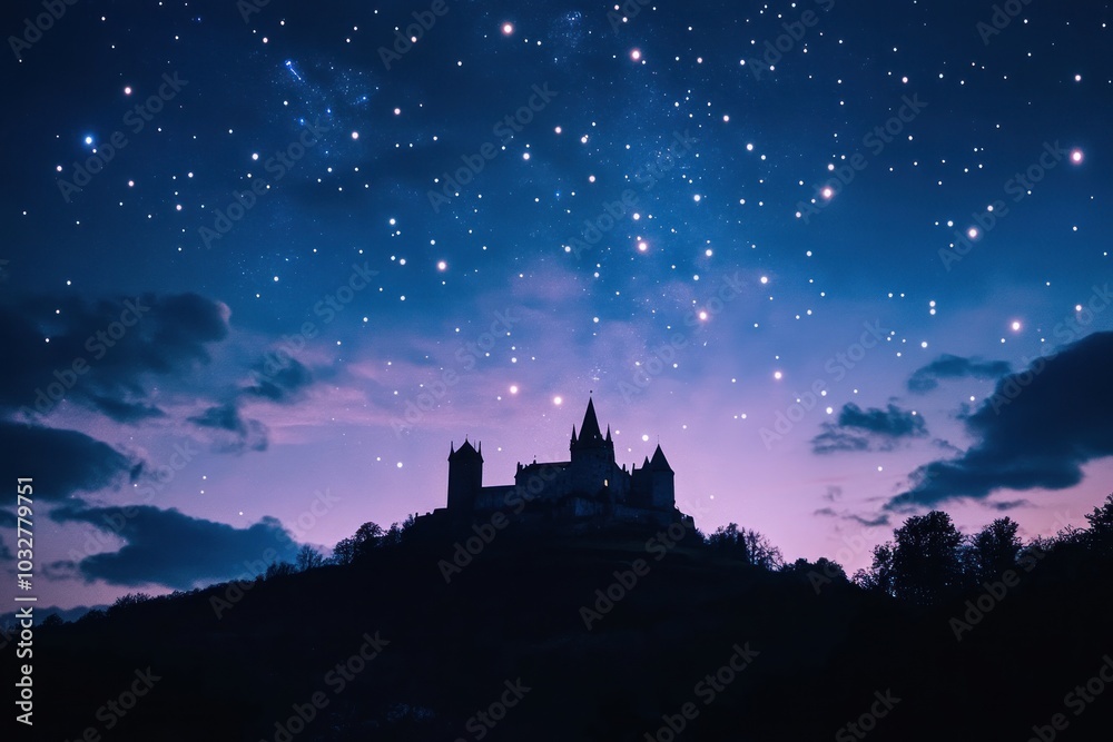 Obraz premium A Silhouetted Castle Under a Starry Night Sky
