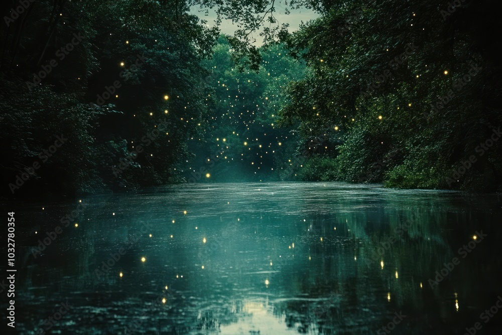Fototapeta premium A Tranquil Forest River Illuminated by Fireflies at Dusk