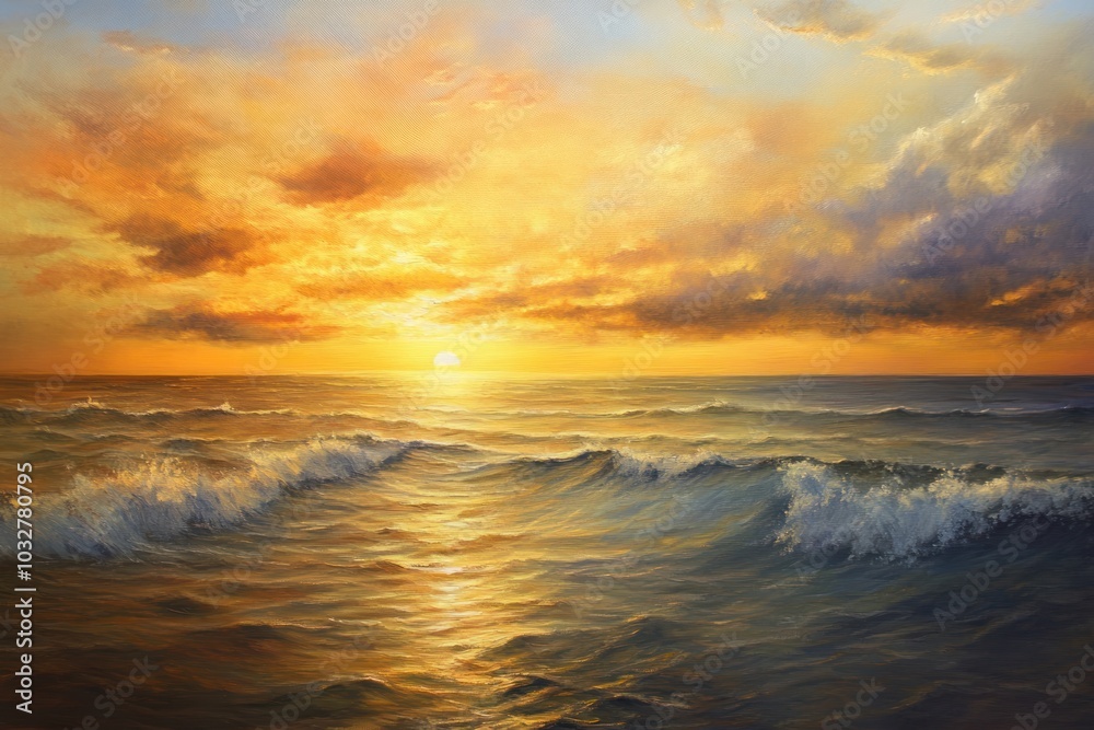 Fototapeta premium Golden Sunset Over a Choppy Sea with Dramatic Clouds