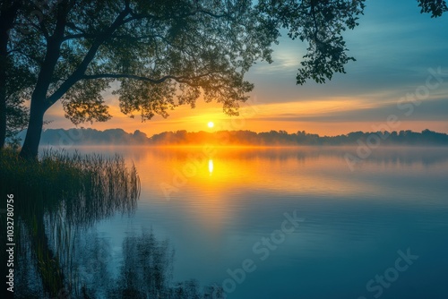A Silhouetted Tree Frames a Misty Lake at Sunrise
