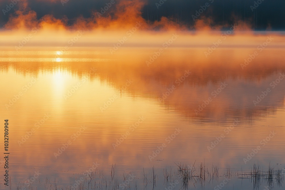 Fototapeta premium Golden Sunset Reflection on a Still Lake with Reeds