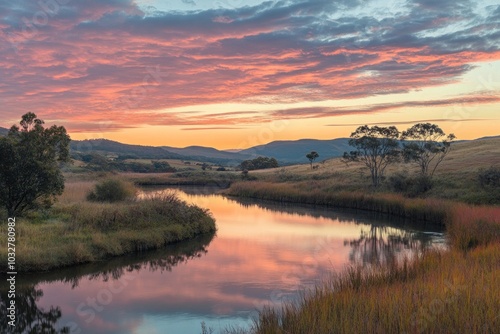 Serene River Reflecting a Pink and Orange Sunset Over Rolling Hills