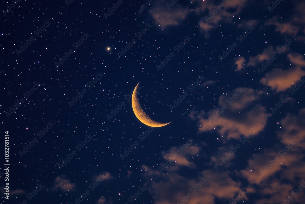 Naklejka premium Crescent Moon and Stars in a Night Sky with Clouds