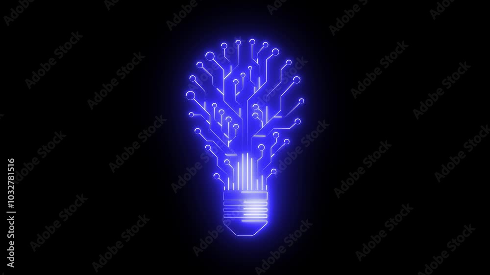 Bulb circuit animation by blue color neon on black background.