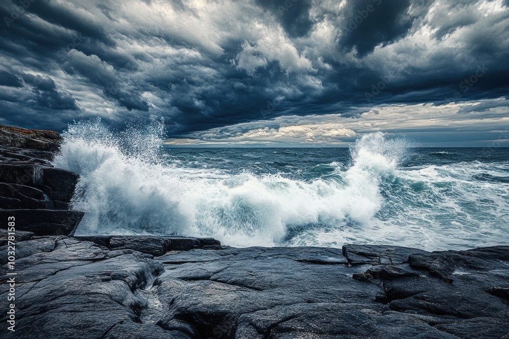 Fototapeta premium Dramatic Waves Crashing on Rocky Coast Under a Stormy Sky