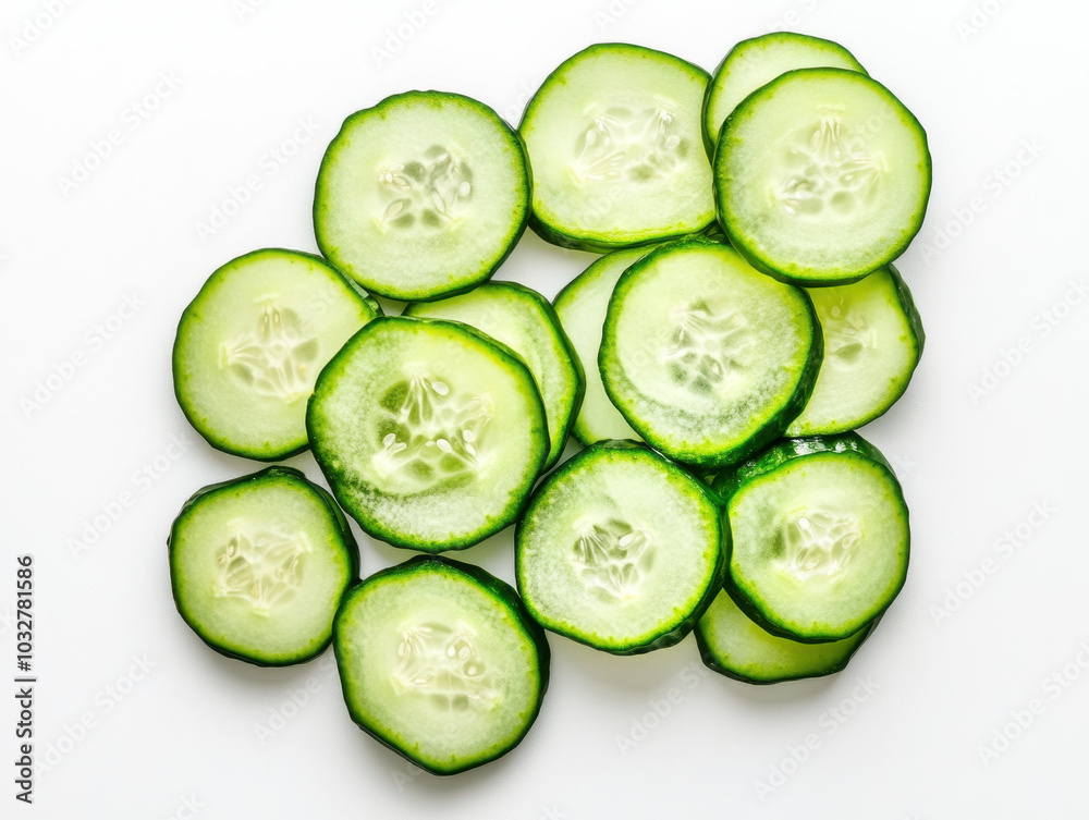 Freshly sliced cucumber rounds arranged artfully on a white surface for healthy snacks or salads Freshly sliced cucumber rounds arranged artfully on a white surface for healthy snacks or salads