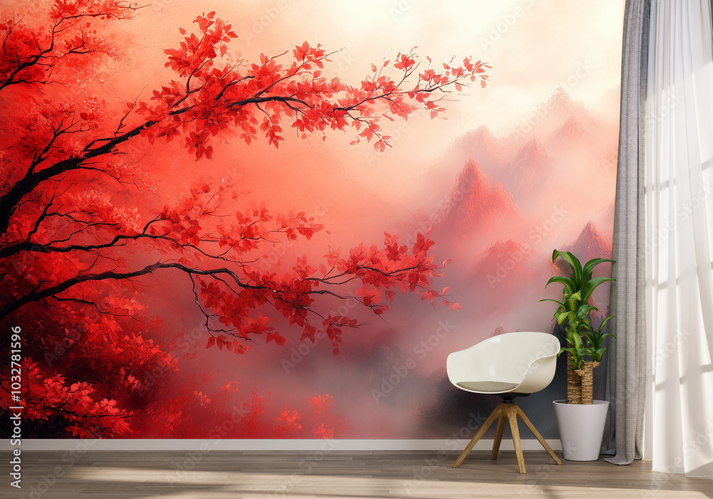 An interior mockup showcasing a wallpaper in a living room setting An interior mockup showcasing a wallpaper in a living room setting