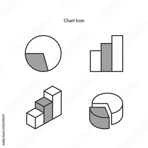 Charts and data visualization icon, linear style icon set. Information through graphs and diagrams. Bar charts, pie charts. 3d icon.