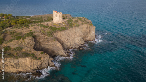 Seascape seen from the drone. Crystal clear water and rocks on the water