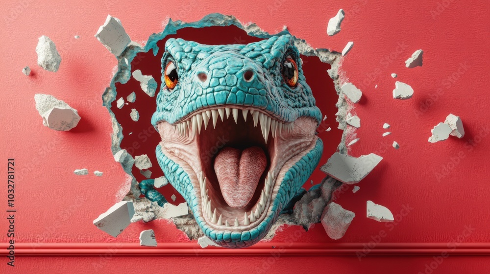 Naklejka premium A blue dinosaur head bursts out of a red wall with its mouth open and tongue sticking out, with pieces of wall breaking away around it.