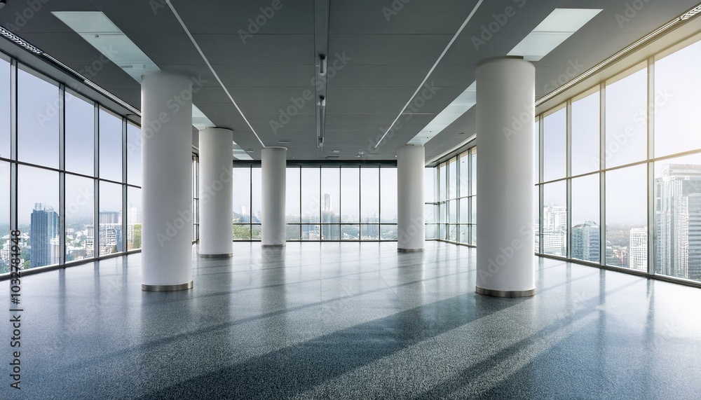 Modern empty office interior with columns and glass walls. 3D Rendering Modern empty office interior with columns and glass walls. 3D Rendering