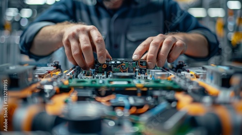 Hands work on a circuit board in a tech lab. Concept of precision and technology. For an article on electronics craftsmanship.