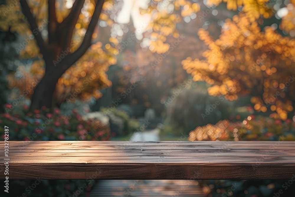 A wooden table with blurry trees in the background A wooden table with blurry trees in the background