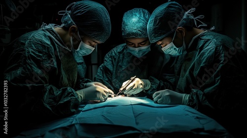 Three surgeons in operating room performing surgery on a patient.