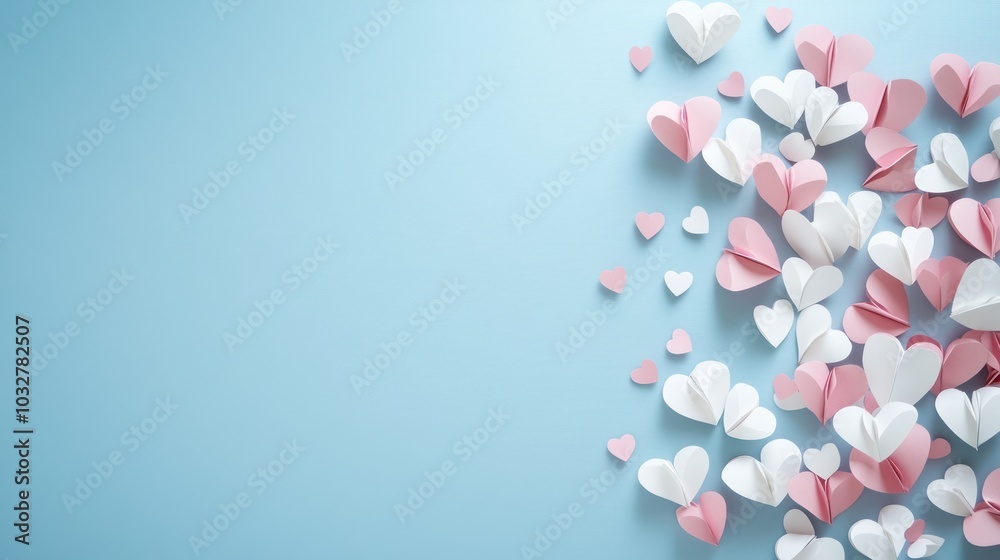 A collection of paper hearts in pink and white scattered on a light blue background. A collection of paper hearts in pink and white scattered on a light blue background.