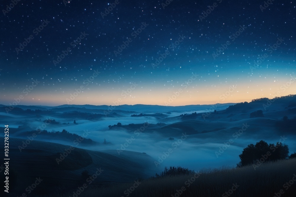 Fototapeta premium Starry Night Over Foggy Hills