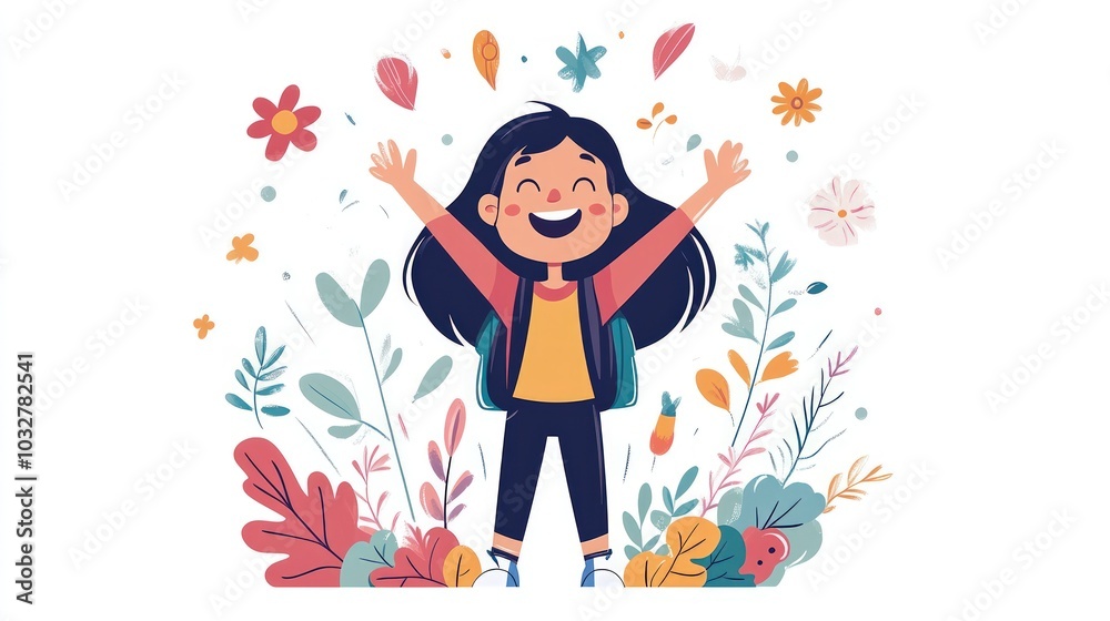 A happy girl with a backpack stands in a field of flowers with her arms raised in the air. A happy girl with a backpack stands in a field of flowers with her arms raised in the air.