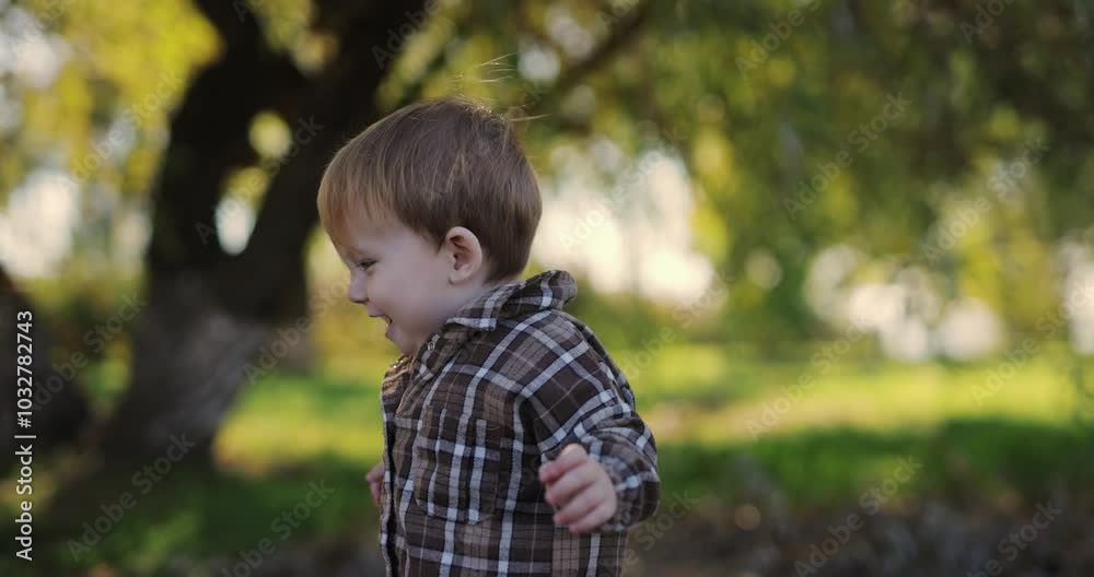 Slow motion, little happy boy walking at the autumn park at the nature Slow motion, little happy boy walking at the autumn park at the nature