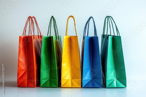 Colorful shopping bags in red, green, yellow, and blue with twisted handles photo